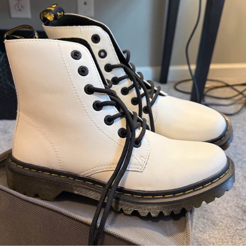 Dr. Martens White Lace-Up Combat Boots with Black Accents
